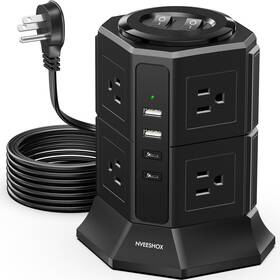 Tp-va5u12j Nveeshox Surge Protector Power Strip Tower With 8 Ac Outlets 6.5 Ft Black 4usb 6.5ft