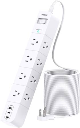 Ob4u5wc2m One Beat Extension Cord 15 Ft Surge Protector Power Strip 15ft 2c1a White