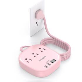 Thus03uc2fl One Beat 10ft Flat Plug Power Strip Pink Extension Cord - 3 Outlets 10 Ft