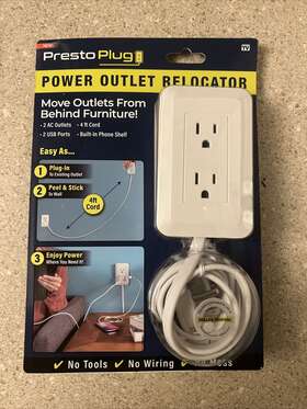 Ontel 735541062223 Presto Plug Wall Outlet Extender 4 Ft Cord Peel And Stick As Seen On Tv 2 Ac Usb