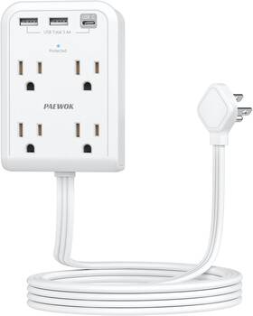 Paewok 705353955297 Flat Electrical Outlet Extender With Usb C Ports 4 3 Wall Plug 6 Ft