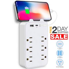 Patdeenree 426908264857 Conector Multiple De Corriente 6 Ac 2 Usb Y Tipo C Para Pared Viaje 15a 1875w