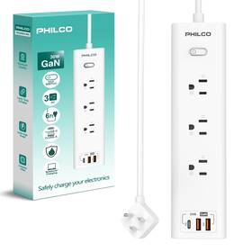 Philco 850041387765 Power Strip With 3 Ac Outlets 30w Usb-c Port 2 Usb-a Ports And 6ft Extension