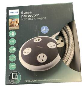 Philips 030878404310 3-outlet 450 Joules Surge Protector Orb And 2 Usb-a Ports 8ft Braided Cord