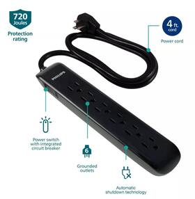 Philips 030878417747 Home Power 6-outlet Ac Surge Protector With 4ft Extension Cord - Black