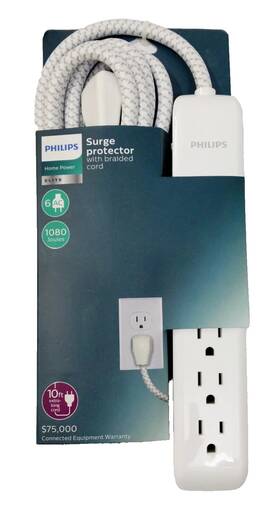 Philips 030878453509 6-outlet Surge Protector With 6ft Extension Cord White New