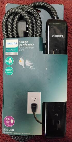 Philips 030878458795 Phillips Surge Protector Usb 6-outlet 6ft Braided Cord Black New