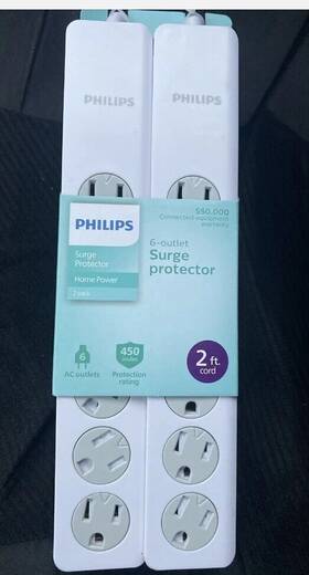 Philips 030878500418 6-outlet Surge Protector Extension Cord 2ft. 450 Joules 2-pack