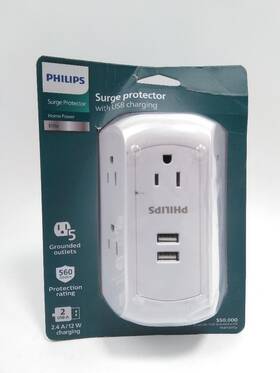 Philips 030878524315 5-outlet Extender Grounded Wall Tap 3-prong 2 Usb Damaged Box