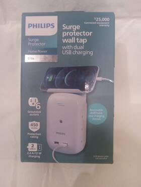 Philips 030878788489 Elite Surge Protector Wall Tap With Dual Usb Charging 6 Grounded Outlets