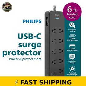 Philips 030878828000 9-outlet Surge Protector With Usb-c And Usb-a 6ft Braided Cord Black Philips 030878828000 9-outlet Surge Protector With Usb-c And Usb-a 6ft Braided Cord Black