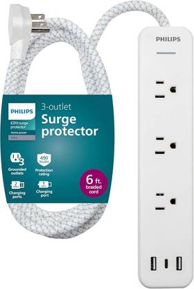 Philips 030878834148 Ezfit 3-outlet Adapter-spaced Surge Protector 6ft Braided Cord Powe