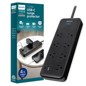 Philips 030878835350 7-outlet Adapter Surge Protector 4ft Power Strip Usb Charging Black