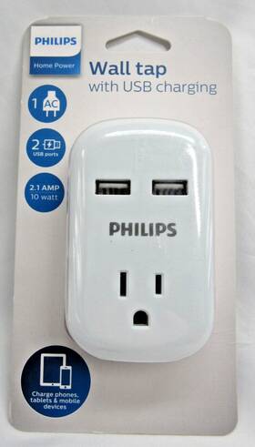 5038 Philips Wall Tap Usb Charging 1-ac 2.1a Grounded Outlet 2-usb Ports
