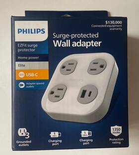 Spp3743gr Philips Spp3743gr/37 - Surge Tap 3 Grounded Outlets 1 Usb-a Usb-c 17w 1350j White