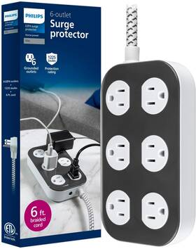 Spp3843gr Philips Spp3843gr/37 Surge Protector 6 Grounded Outlets 1225j Braided Cord 6ft - Dark