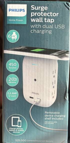 Philips Sps6024wa/37 6-outlet Wall Tap Surge Protector 450j Dual Usb 2-port 2.4a White