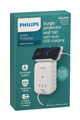 Sps6024wa Philips Elite 6-outlet Surge Protector Wall Tap Dual Usb Charger Shelf 450j