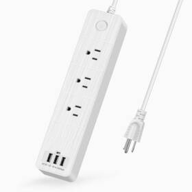 Phocar 717760970343 3-outlet Power Strip With 3 Usb Charging Ports Wall Mountable 6ft Cord White