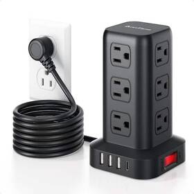 Phyfalip 762262619504 Surge Protector Power Strip Tower With 6.5 Ft. Cord 12 Ac Outlets 4 Usb Ports