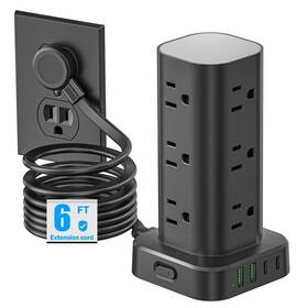 Pluackg 707654458743 Flat Plug Power Strip Tower Surge Protector 6ft Extension Cord With Multipl