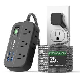 Pw78525t Popowell 25 Ft Flat Extension Cord Power Strip With Surge Protection- 6 Widely Outlet