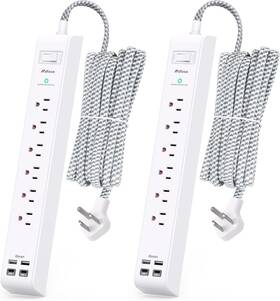 Power 445000331380 2 Pack Extension Cord 10ft Strip - Surge Protector With 6 Outlets 4 Usb