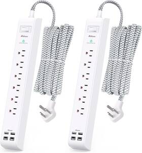 Power 445001596528 2 Pack 15ft Extension Cord - Surge Protector Strip With 6 Outlets 4 Usb Ch
