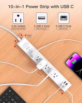 Power 445022331368 2 Pack 15ft Extension Cord - Surge Protector Strip With 6 Outlets 4 Usb