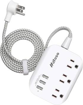 Power 445037687672 Flat Plug Strip With Usb Ports - 10ft Extension Cord 3 Outlets And
