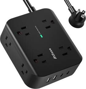 Power 744759200808 Regleta Protectora 8 Tomas 4 Usb 2 C Cable 6 Ft Enchufe Plano Negro Pared