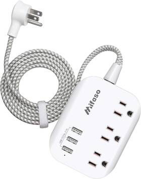 Power 744759631527 Flat Plug Strip With Usb Ports - 10ft Extension Cord 3 Outlets And
