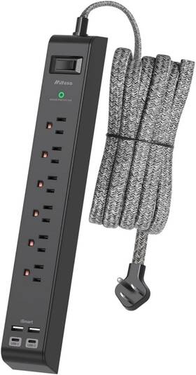 Mfs311bh Power Flat Plug Extension Cord 25ft Surge Protector Strip With 2 Usb A Ports