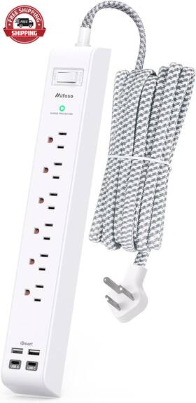 Mfs311t Power Surge Protector Strip 10 Ft With 4 Usb Ports 2 Usb-c 6 Ac Outlets Flat Pl
