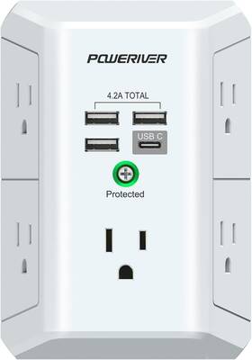 X0042849fj Poweriver Surge Protector With 4 Usb Ports - Multi Outlet Extender For Home School And