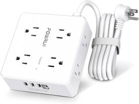 Powrui 445038576517 Surge Protector Power Strip - 6 Ft Flat Plug Extension Cord With 8 Widely Outlet