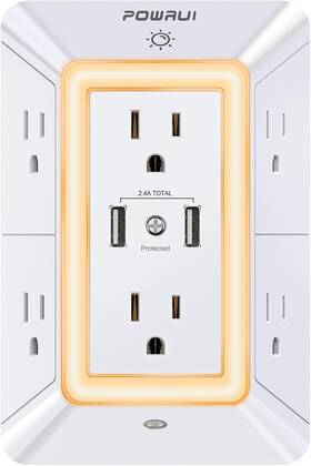 Powrui 445046284206 Usb Wall Charger Surge Protector 6-outlet Extender With 2 Charging