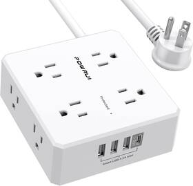 Powrui 711181311068 10ft Surge Protector Power Strip - Flat Plug Extension Cord With 8 Widely Outlet