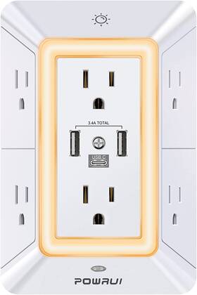 Powrui 744110284416 Multi Plug 6 Outlet Surge Protector Extender With 3 Usb Ports 1 C A