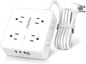 Powrui 744759898821 Surge Protector Power Strip - 6 Ft Flat Plug Extension Cord With 8 Widely Outlet