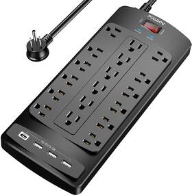Powsav 313038269258 18 Outlets Surge Protector Power Strip - 6 Feet Flat Plug Heavy Duty Extension C
