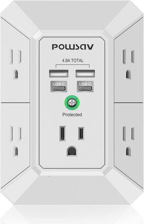 Powsav 445010368321 5-outlet Power Strip With 4 Usb Ports - Surge Protector For Home Office School