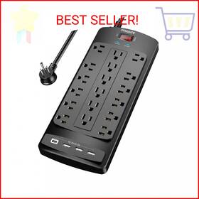 Powsav 739750147030 18 Outlets Surge Protector Power Strip - 6 Feet Flat Plug Heavy Duty Extension C