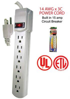 Powtech 608459002158 6 Outlet Power Strip With Circuit Breaker - 125v 14awg Cord 15 Amps Ul Listed Powtech 608459002158 6 Outlet Power Strip With Circuit Breaker - 125v 14awg Cord 15 Amps Ul Listed
