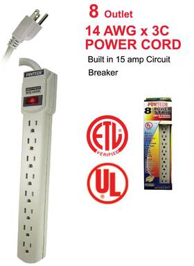 Powtech 608459002875 8 Outlet Power Strip With Circuit Breaker - 125v 14awg Cord 15 Amps Ul Listed