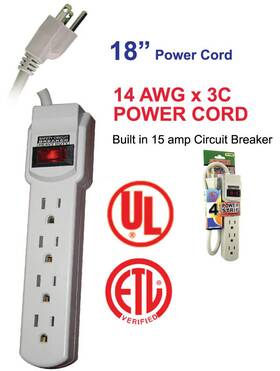 Powtech 608459201162 4 Outlet Ul Listed Power Strip With 18 Inch Cord 125v / 15 Amps 14 Awg