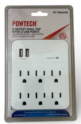 Pt-7846usb Powtech New 6 Port Wall Power Outlet 2 Usb Ports Charger Surge Protector Lightingproof