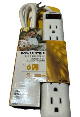 Prime 054732807321 3 Ft Electric Power Strip 6 Outlets Lighted Circuit Breaker Switch White