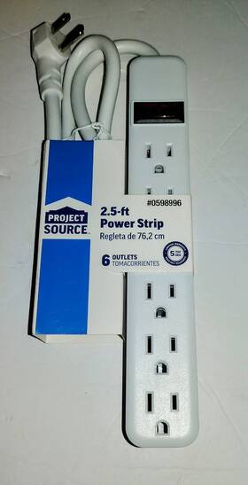 0598996 Project Source Power Strip 2.5 Ft Cord 6 Electrial Outlets Right Angle Plug