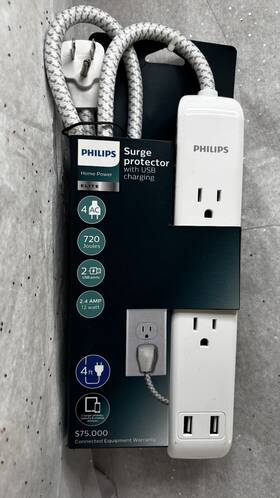 Pursuequality Shop 981418232736 Philips 3-outlet Surge Protector With 4ft Extension Cord Usb White